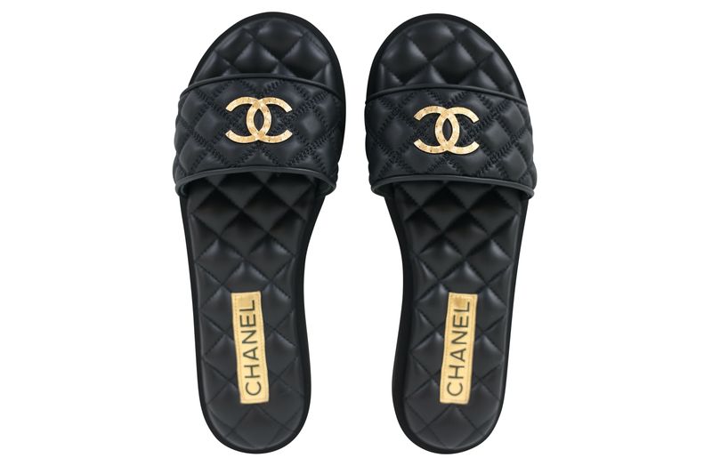 Chanel CC Flat Mules, Black Quilted Lambskin and Gold Hardware, Size 38, New in Box WA001 Chanel CC Flat Mules, Black Quilted Lambskin and Gold Hardware, Size 38, New in Box WA001