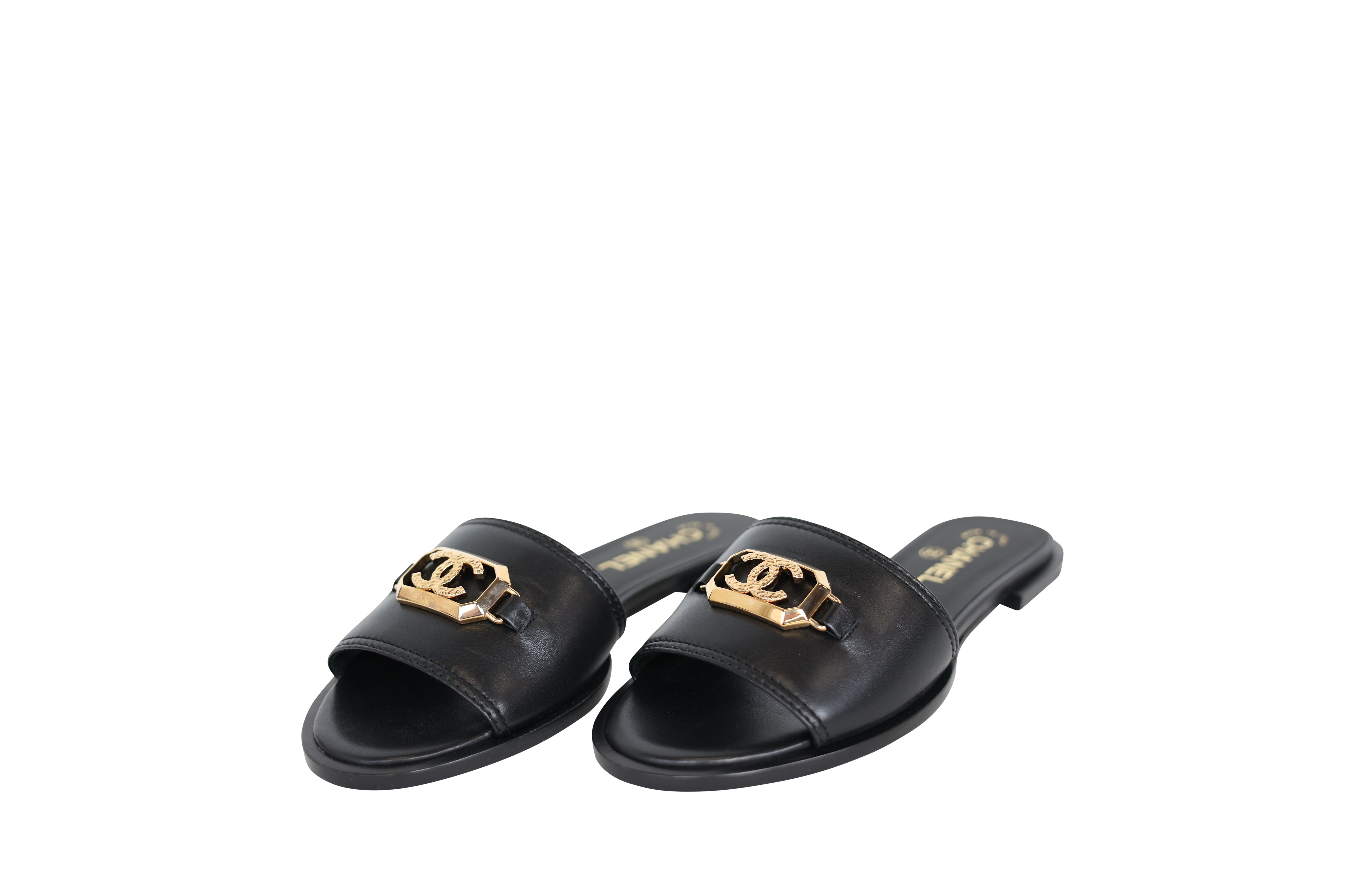 Chanel 23B Flat CC Mules, Black Calfskin and Gold Hardware, Size