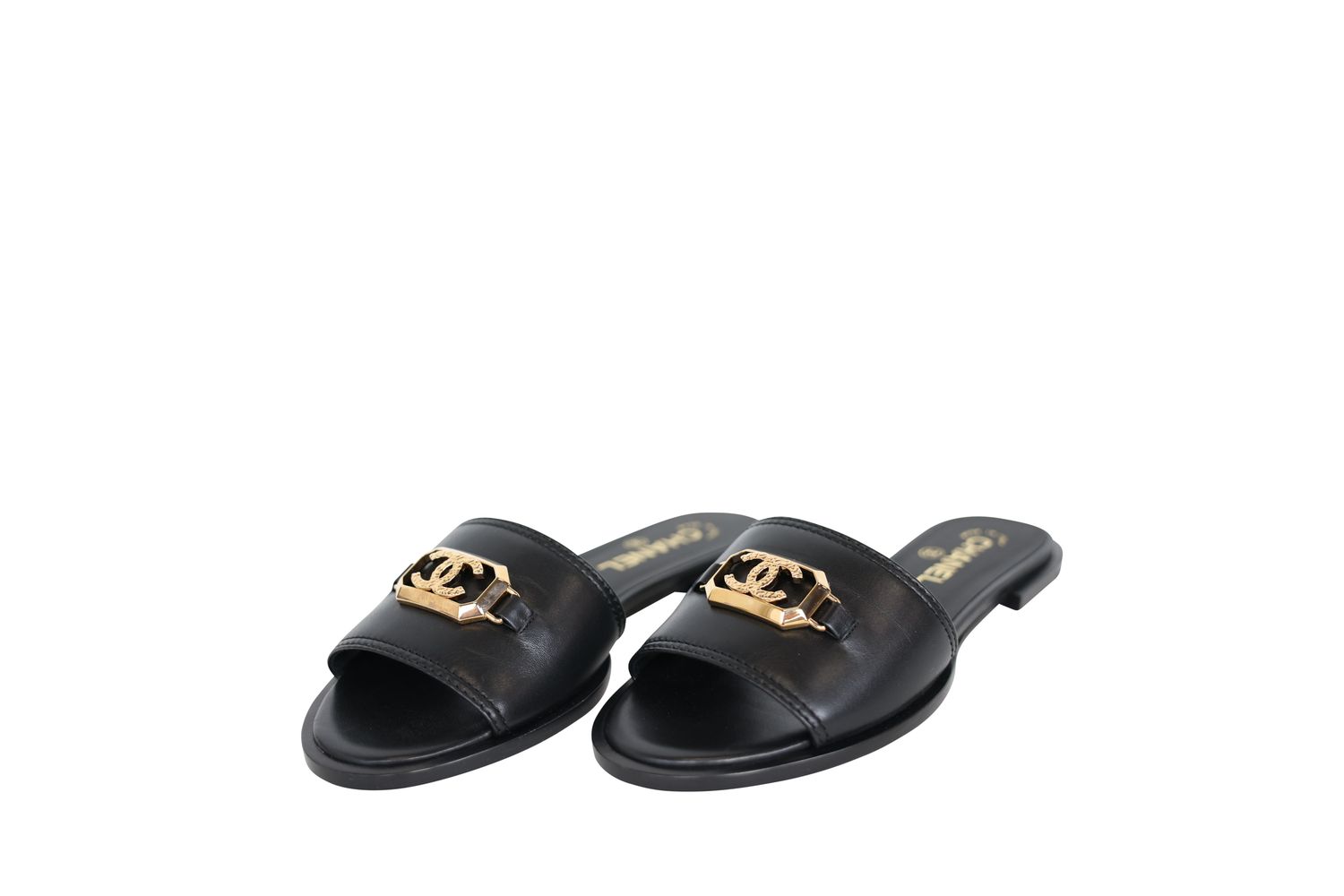 Chanel 23B Flat CC Mules, Black Calfskin and Gold Hardware, Size 38, New in Box WA001