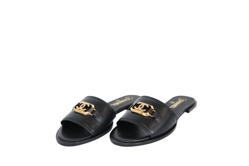 Chanel 23B Flat CC Mules, Black Calfskin and Gold Hardware, Size 38, New in Box WA001 Chanel 23B Flat CC Mules, Black Calfskin and Gold Hardware, Size 38, New in Box WA001
