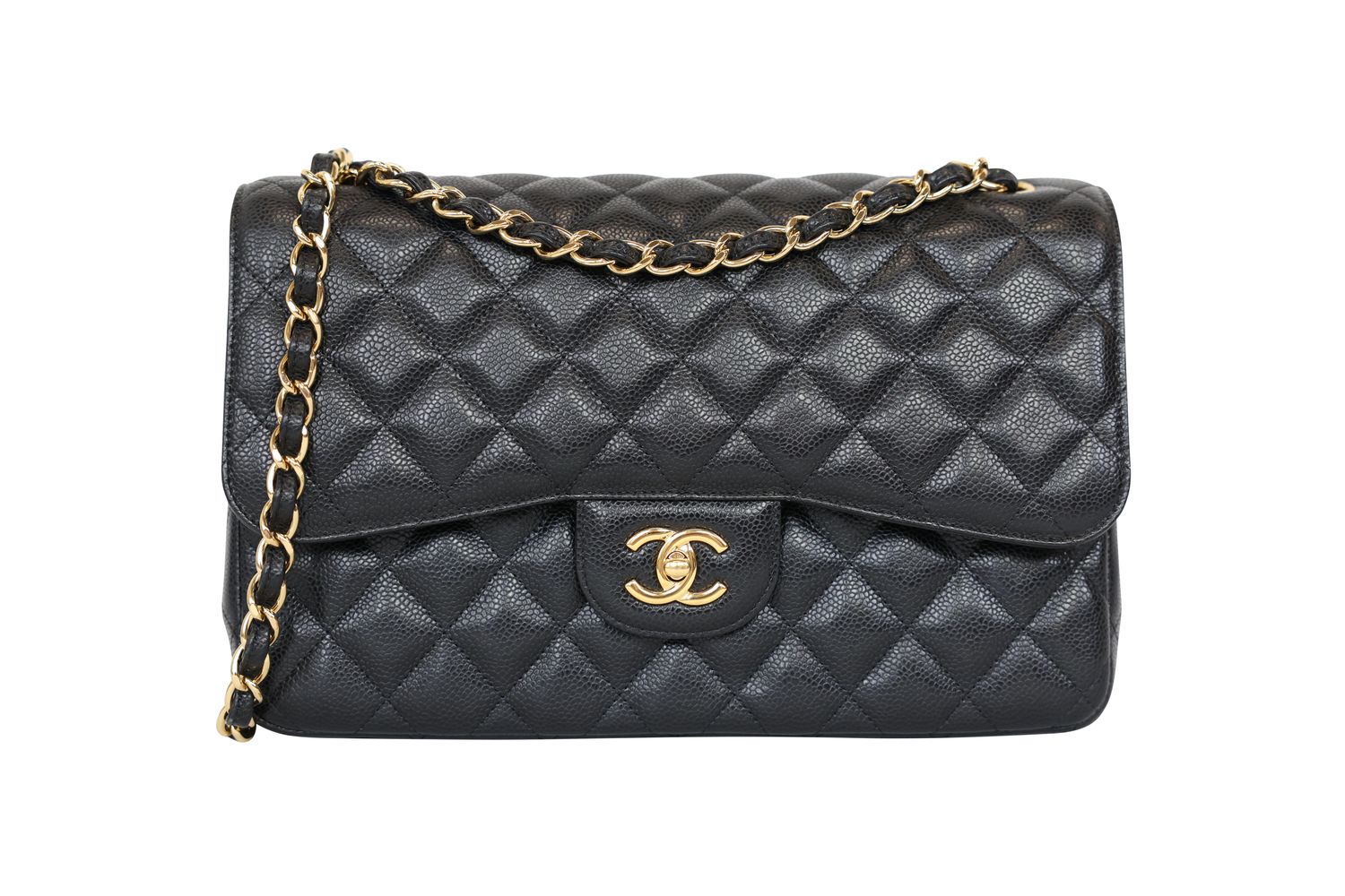 Chanel Classic Jumbo Handbag, Black Quilted Caviar and Gold Hardware, Preowned in Dustbag WA001