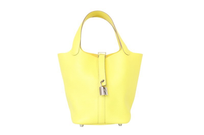 Hermes Picotin Lock 18 Bag, Yellow Clemence Leather and Palladium Hardware, B 2023 Stamp, Preowned in Dustbag WA001 Hermes Picotin Lock 18 Bag, Yellow Clemence Leather and Palladium Hardware, B 2023 Stamp, Preowned in Dustbag WA001