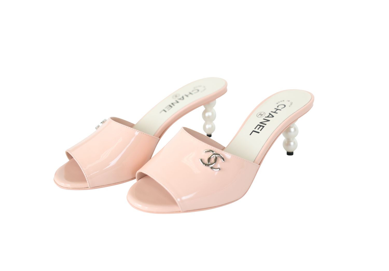 Chanel CC Open Toe Heel Mules, Pink Patent Leather and Pearl Size 37, New in Box WA001