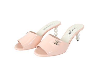 Chanel CC Open Toe Heel Mules, Pink Patent Leather and Pearl Size