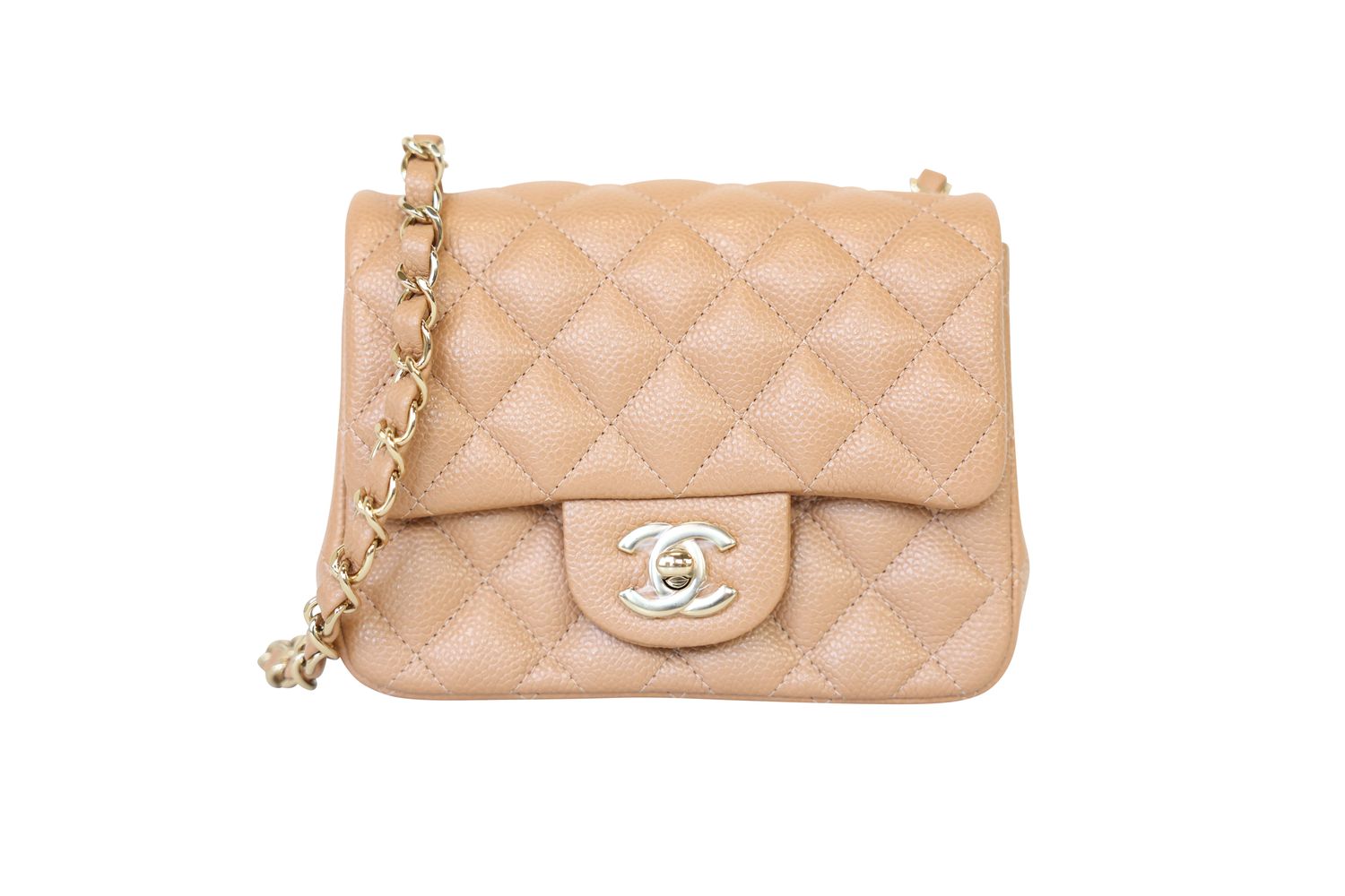 Chanel Classic Square Mini Bag, Beige Brown Caviar and Gold Hardware, Preowned in Box WA001