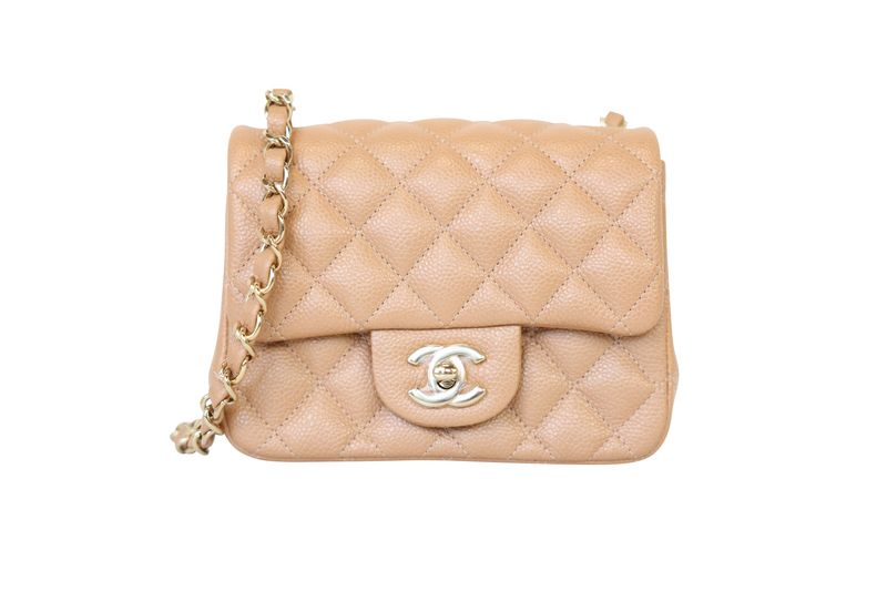Chanel Classic Square Mini Bag, Beige Brown Caviar and Gold Hardware, Preowned in Box WA001 Chanel Classic Square Mini Bag, Beige Brown Caviar and Gold Hardware, Preowned in Box WA001