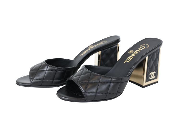 Chanel CC Block Heel Mules Shoes, Black Quilted Lambskin with Gold Hardware, Size 37, Preowned in Box WA001 Chanel CC Block Heel Mules Shoes, Black Quilted Lambskin with Gold Hardware, Size 37, Preowned in Box WA001