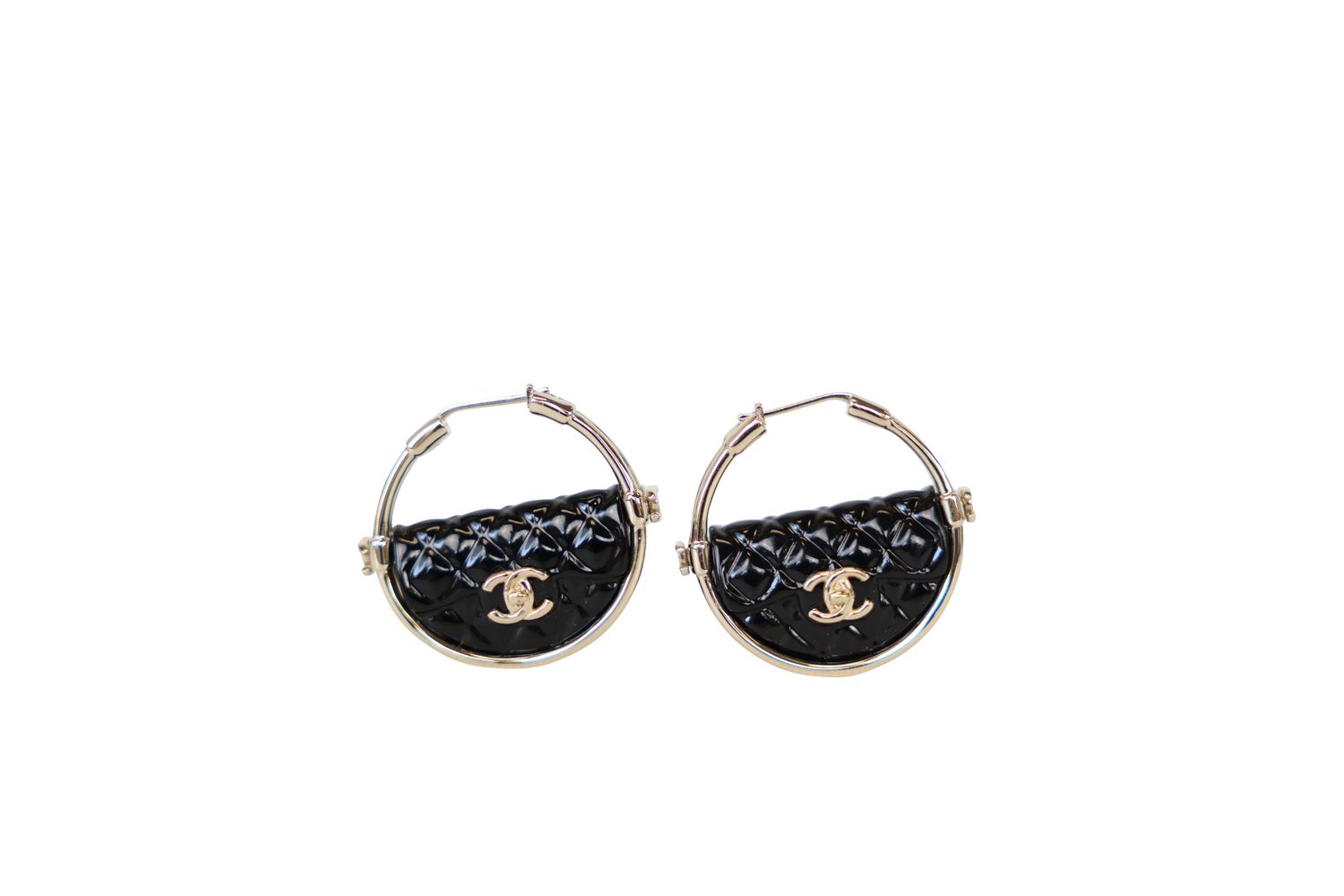 Chanel CC Bag Hoop Earrings, Gold Finish and Black Resin, New in Dustbag WA001