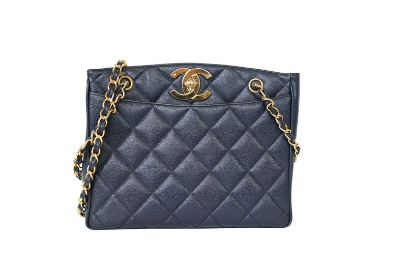 Chanel CC Vintage Shopper Tote Bag, Navy Quilted Caviar and Gold Hardware, Preowned No Dustbag WA001 Chanel CC Vintage Shopper Tote Bag, Navy Quilted Caviar and Gold Hardware, Preowned No Dustbag WA001