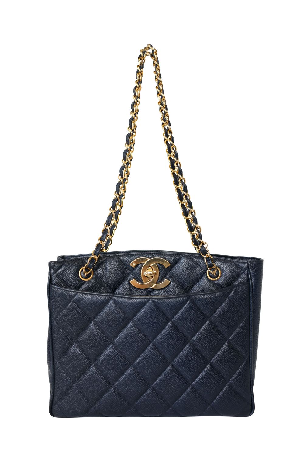 Chanel CC Vintage Shopper Tote Bag, Black Blue Navy Quilted Caviar and Gold Hardware, Preowned No Dustbag WA001