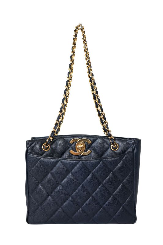 Chanel CC Vintage Shopper Tote Bag, Black Blue Navy Quilted Caviar and Gold Hardware, Preowned No Dustbag WA001