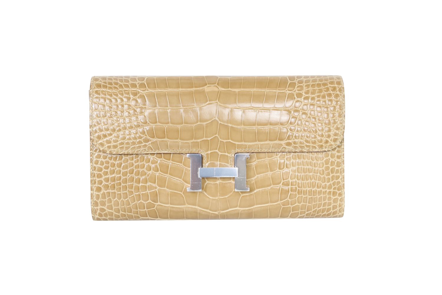 Hermes Constance To Go Wallet, Poussiere Gold Honey Brown Beige Shiny Croc and Palladium Hardware, Preowned in Box WA001