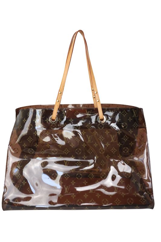 Louis Vuitton Cabas Cruise Tote Bag, Brown Monogram Vinyl and Natural Leather with Gold Hardware, Preowned in Dustbag WA001