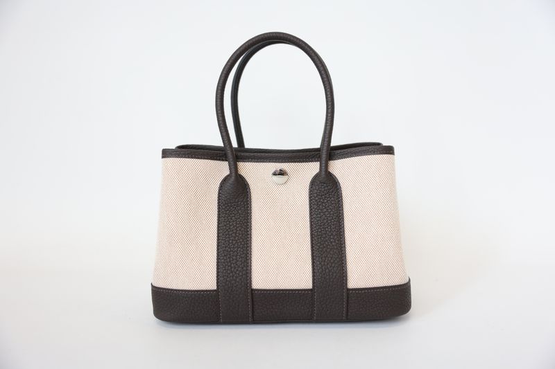 Hermes Garden Party 23 Mini Bag, Ecru Beige Canvas and Dark Brown Ebene Leather with Palladium Hardware, K 2025 Stamp, New in Box WA001