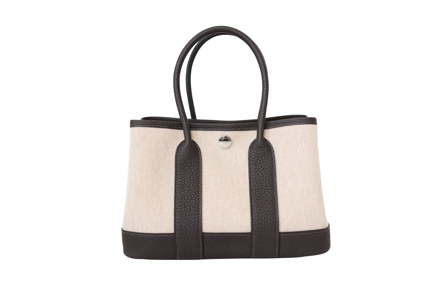 Hermes Garden Party 23 Mini Bag, Ecru Beige Canvas and Dark Brown Ebene Leather with Palladium Hardware, K 2025 Stamp, New in Box WA001