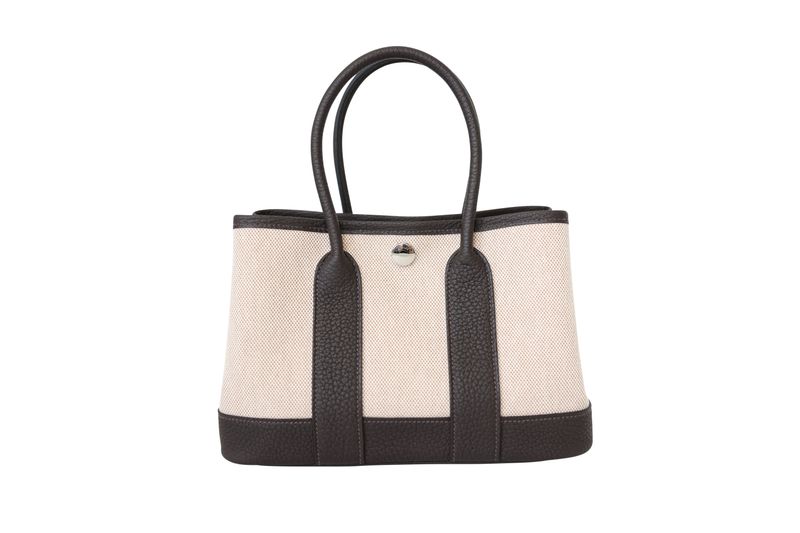 Hermes Garden Party 23 Mini Bag, Ecru Beige Canvas and Dark Brown Ebene Leather with Palladium Hardware, K 2025 Stamp, New in Box WA001