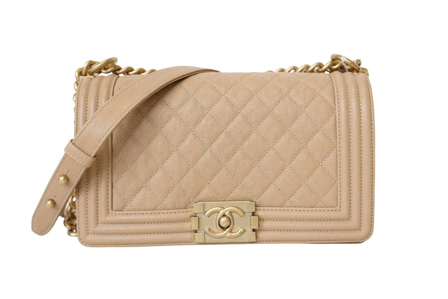 Chanel Boy Old Medium Bag, Light Tan Beige Caviar Leather and Gold Hardware, Preowned in Box WA001