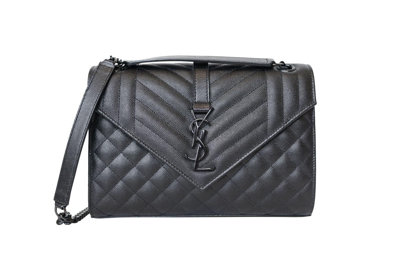 Saint Laurent YSL Envelope Medium Bag, Black Grain de Poudre Leather and Black Hardware, Preowned in Dustbag WA001