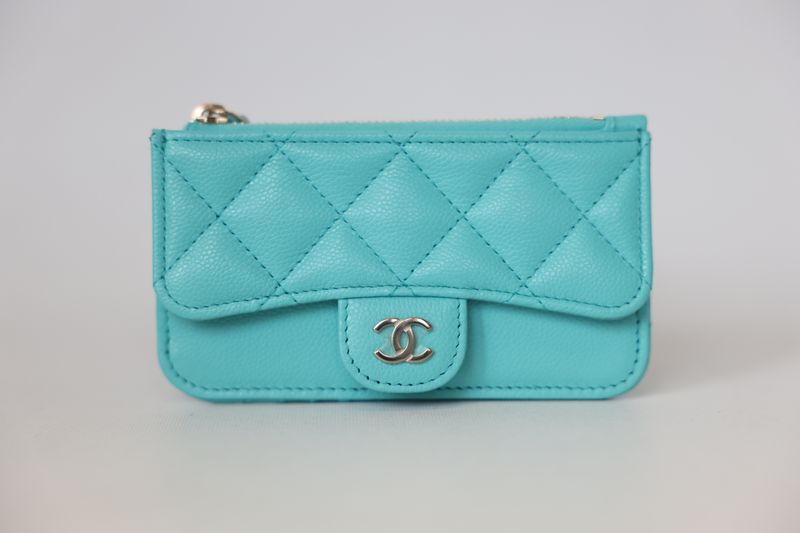 Chanel Classic Flap Cardholder, Turquoise Blue Quilted Caviar and Gold Hardware, Preowned in Box WA001