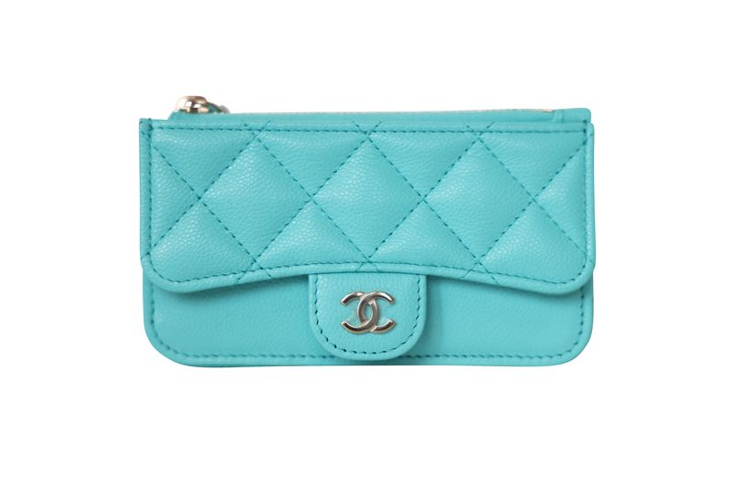 Chanel Classic Flap Cardholder, Turquoise Blue Quilted Caviar and Gold Hardware, Preowned in Box WA001