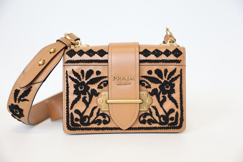 Prada Cahier Shoulder Bag, Camel Brown Calfskin with Black Embroidery and Gold Hardware, Preowned no Dustbag WA001