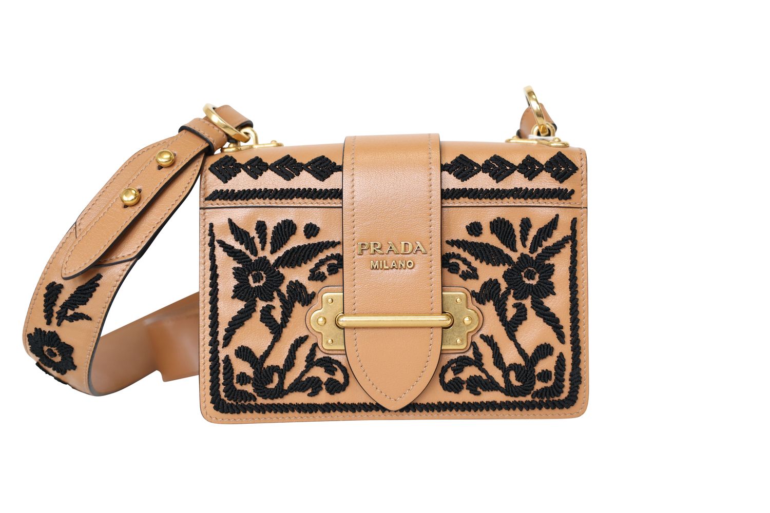 Prada Cahier Shoulder Bag, Camel Brown Calfskin with Black Embroidery and Gold Hardware, Preowned no Dustbag WA001
