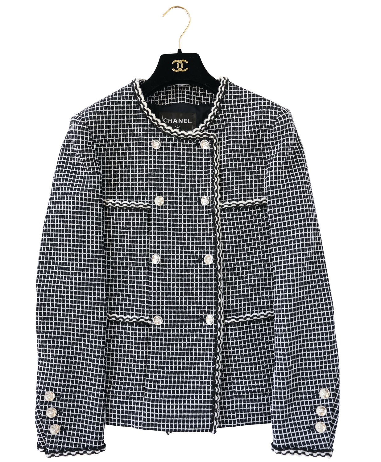 Chanel Clothes 25C Plaid Jacket, Black White Silver Check Tweed, Size 36, New in Dustbag WA001