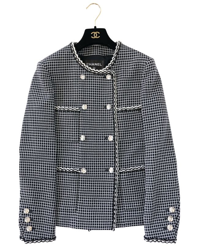 Chanel Clothes 25C Plaid Jacket, Black White Silver Check Tweed, Size 36, New in Dustbag WA001