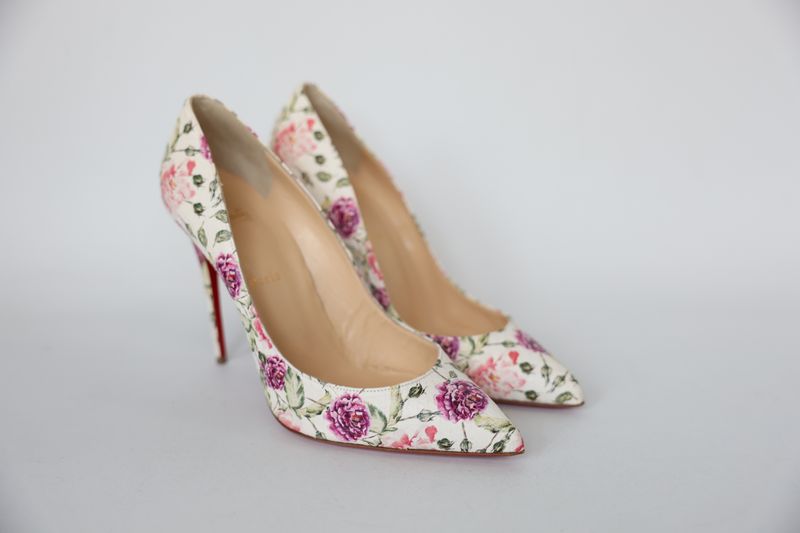 Christian Louboutin Pigalle Follies 100 Pumps Shoes, White Latte with Pink Florals Watersnake Leather, Size 41, New in Box WA001