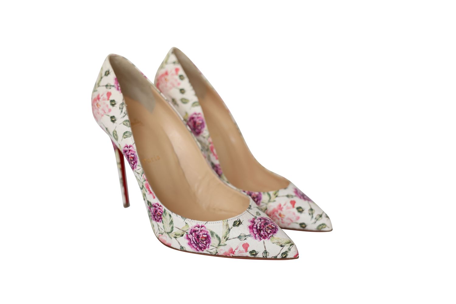 Christian Louboutin Pigalle Follies 100 Pumps Shoes, White Latte with Pink Florals Watersnake Leather, Size 41, New in Box WA001