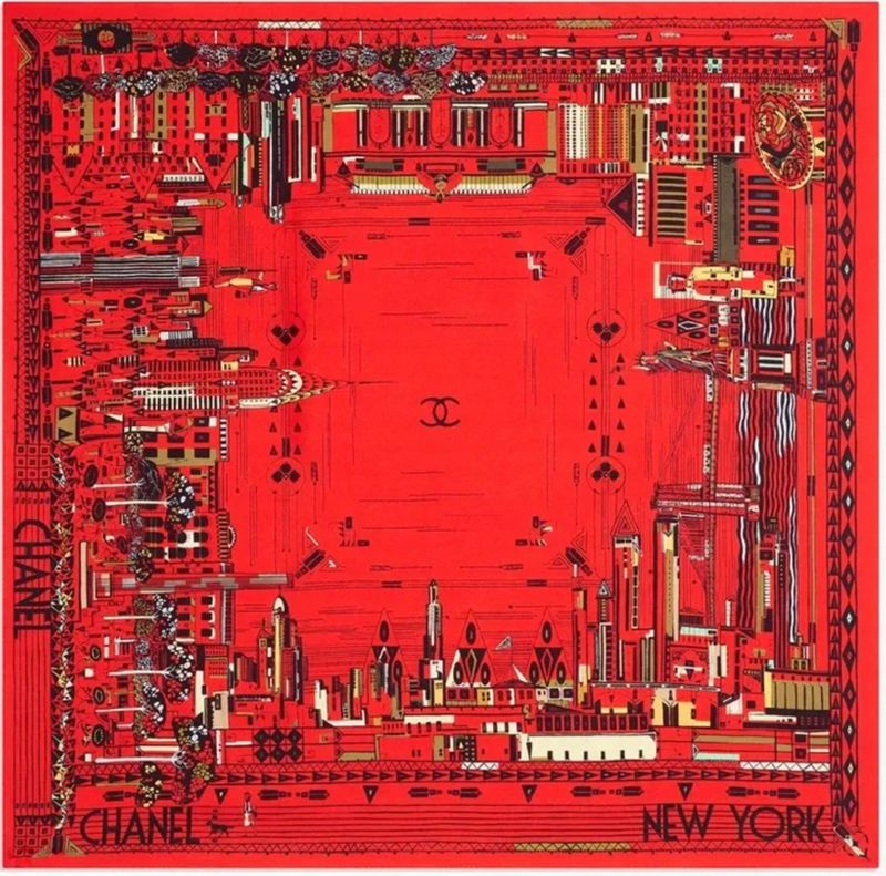 Chanel Métiers d’art 26A Square Scarf 90, Red Black Silk Twill, New No Dustbag WA001