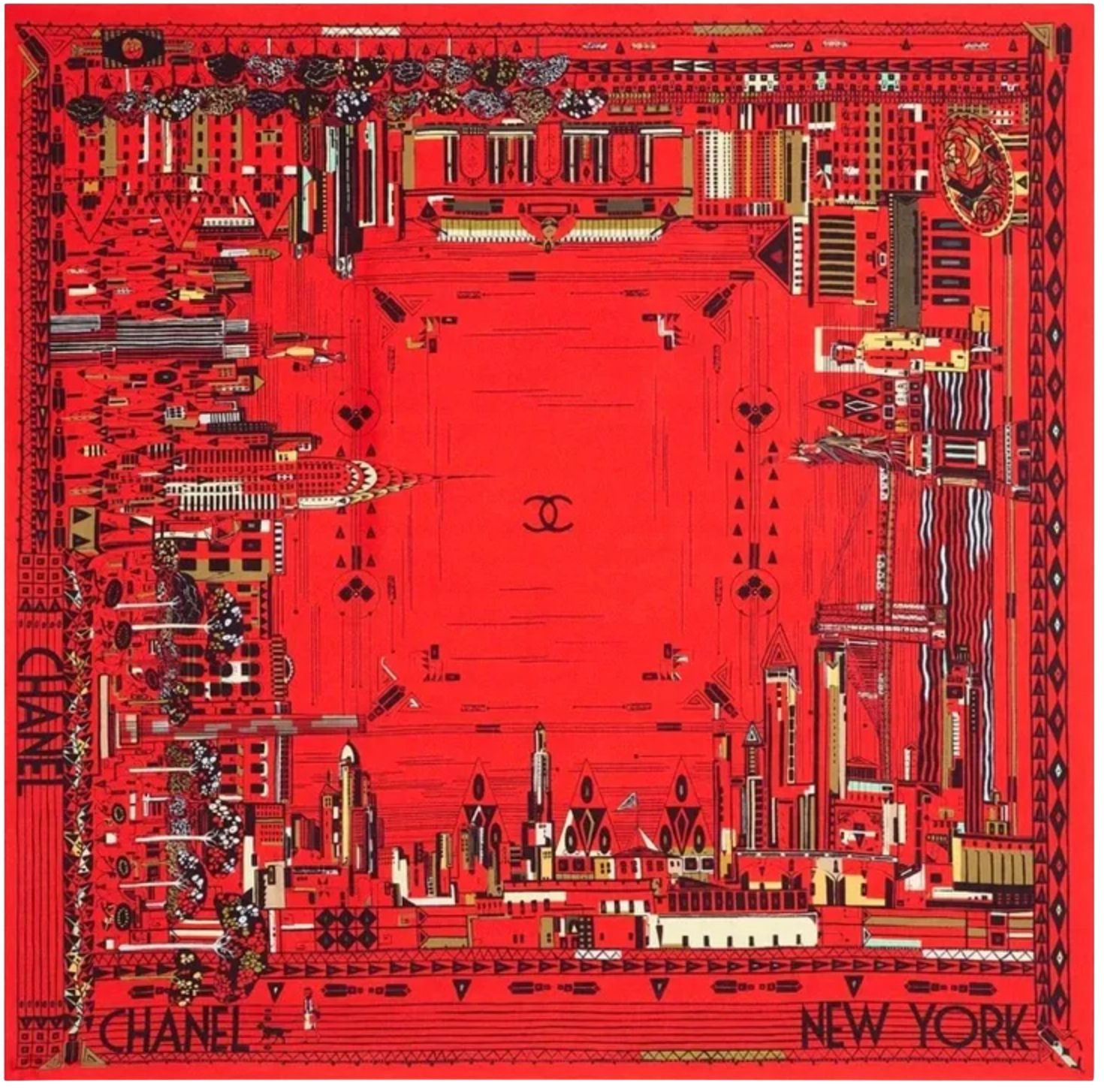 Chanel Métiers d’art 26A Square Scarf 90, Red Black Silk Twill, New No Dustbag WA001