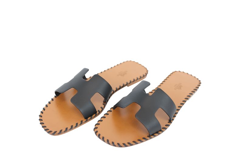 Hermès Shoes Oran Whipstitch Flat Sandals, Black Noir Calfskin, Size 40.5, New in Box WA001
