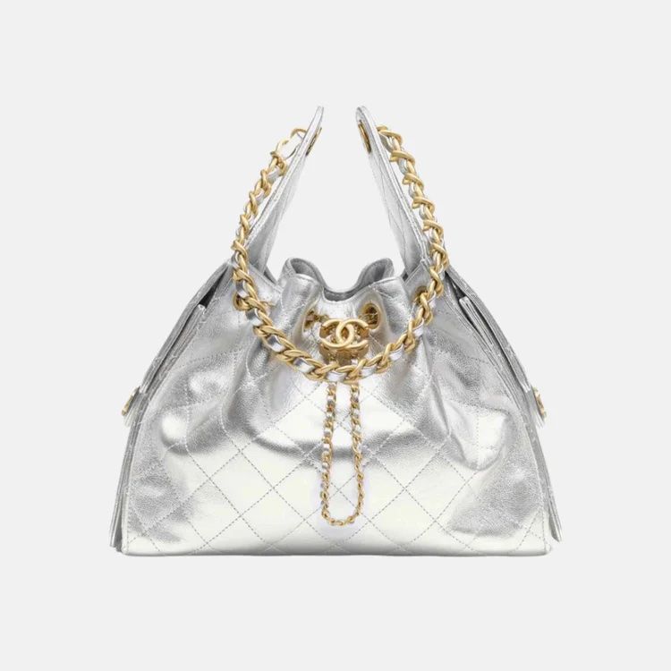 Chanel 25 Small Bag, Metallic Silver Quilted Caviar Leather and Gold Hardware, Excellent Condition KJRB008