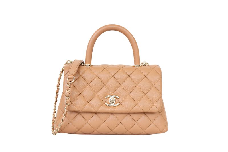 Chanel Coco Handle Mini Bag, Camel Brown Quilted Caviar and Gold Hardware, Preowned in Box WA001