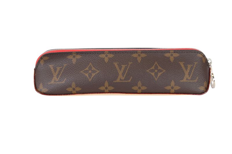Louis Vuitton Elizabeth Pencil Pouch, Brown Monogram and Red Leather with Silver Hardware, New in Box WA001
