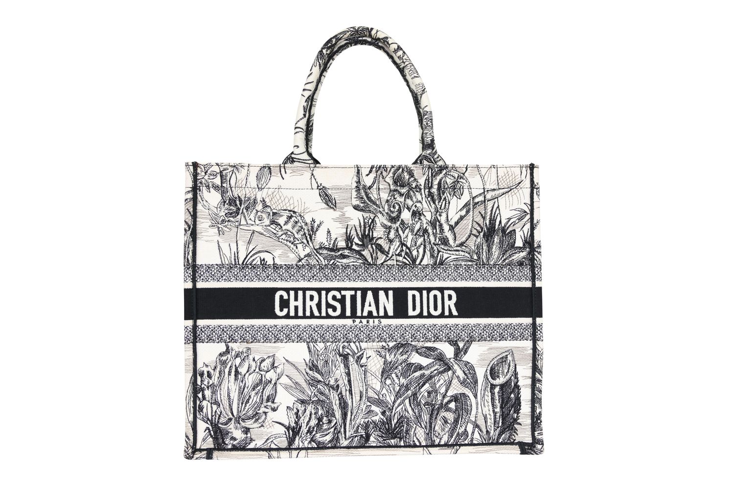 Christian Dior Book Tote Large Bag, Black and White Toile de Jouy Embroidered Canvas, Preowned in Box WA001