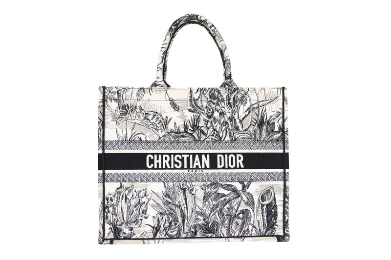 Christian Dior Book Tote Large Bag, Black and White Toile de Jouy Embroidered Canvas, Preowned in Box WA001