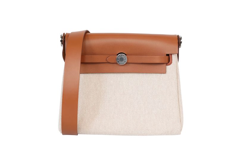 Hermes Herbag Zip 20 Mini Bag, Écru Beige H Viking Canvas and Tan Fauve Hunter Cowhide with Palladium Hardware, W 2024 Stamp, Preowned in Box WA001 Hermes Herbag Zip 20 Mini Bag, Écru Beige H Viking Canvas and Tan Fauve Hunter Cowhide with Palladium Hardware, W 2024 Stamp, Preowned in Box WA001