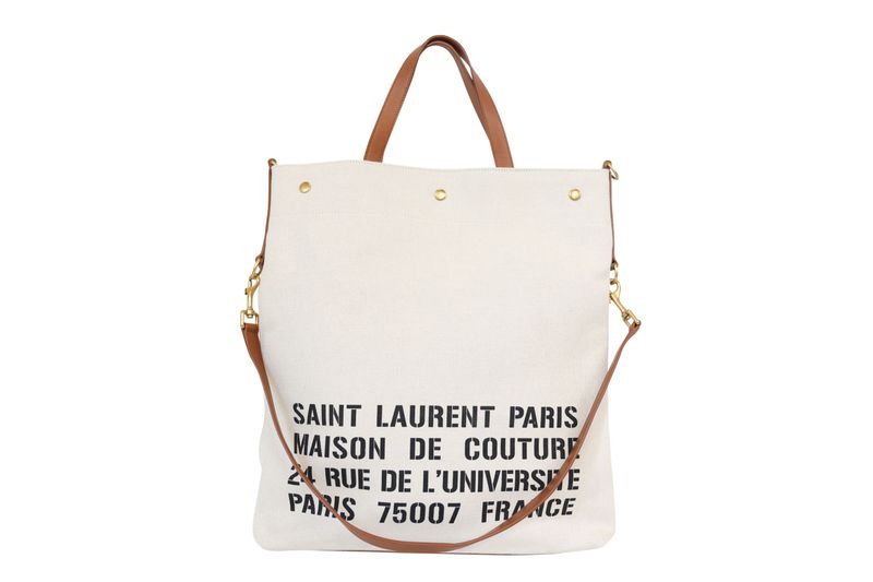 Saint Laurent Stencil Logo Tote Bag, Ecru Beige Canvas and Tan Leather with Gold Hardware, Preowned No Dustbag WA001 Saint Laurent Stencil Logo Tote Bag, Ecru Beige Canvas and Tan Leather with Gold Hardware, Preowned No Dustbag WA001