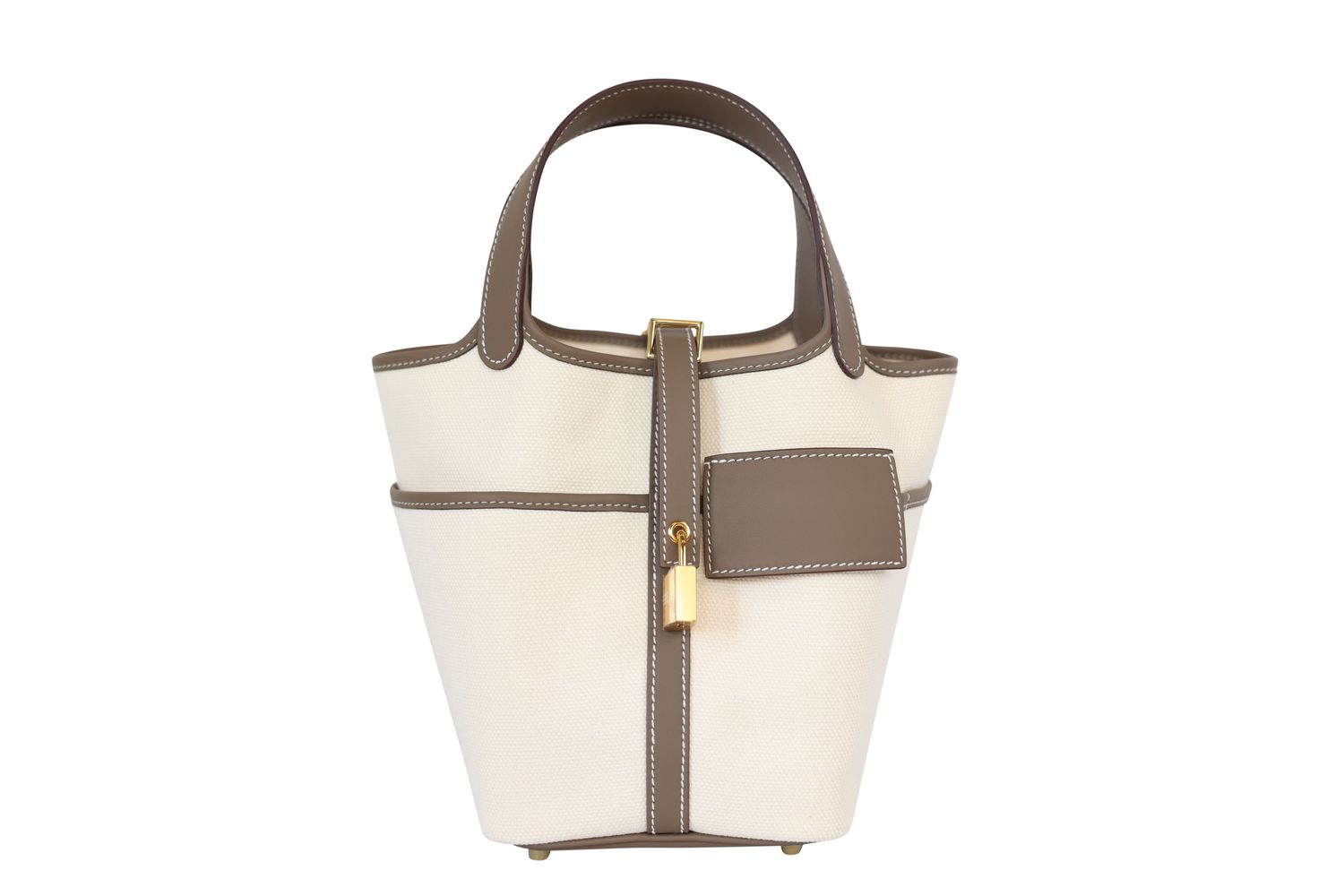 Hermes Picotin Cargo 18 Bag, Ecru Toile Canvas and Brown Etoupe Swift Leather with Gold Hardware, K 2025 Stamp, New in Box WA001
