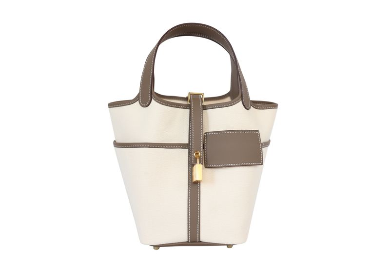 Hermes Picotin Cargo 18 Bag, Ecru Toile Canvas and Brown Etoupe Swift Leather with Gold Hardware, K 2025 Stamp, New in Box WA001 Hermes Picotin Cargo 18 Bag, Ecru Toile Canvas and Brown Etoupe Swift Leather with Gold Hardware, K 2025 Stamp, New in Box WA001