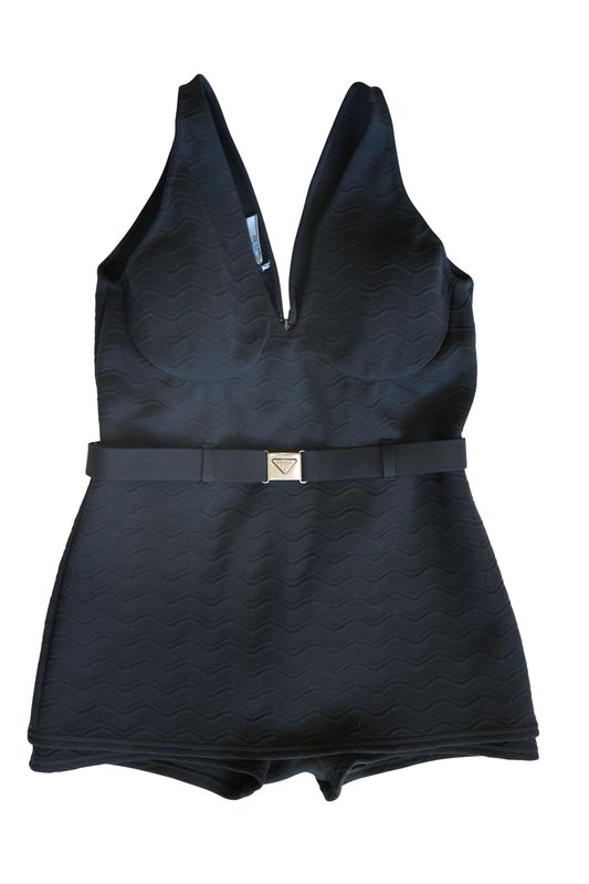 Prada Clothes V-neck Belted Playsuit, Black Jacquard Wave Textile, Size 46, New with Tags WA001