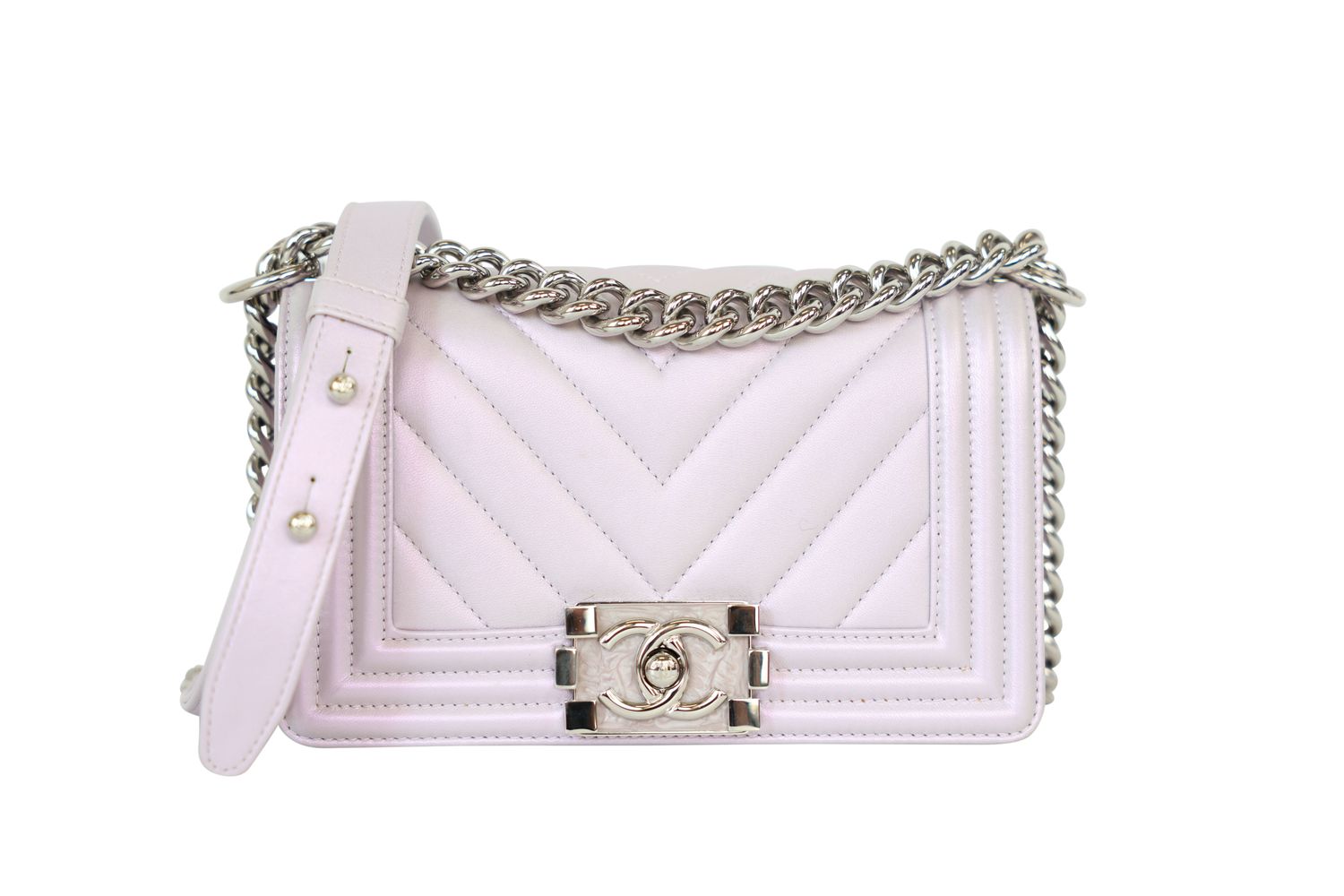 Chanel Boy Small Shoulder Bag,  Iridescent Purple Chevron Lambskin Leather and Silver Hardware, Preowned in Dustbag WA001