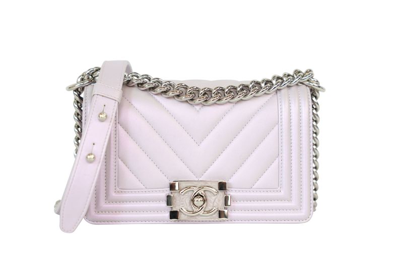 Chanel Boy Small Shoulder Bag, Iridescent Purple Chevron Lambskin Leather and Silver Hardware, Preowned in Dustbag WA001 Chanel Boy Small Shoulder Bag, Iridescent Purple Chevron Lambskin Leather and Silver Hardware, Preowned in Dustbag WA001