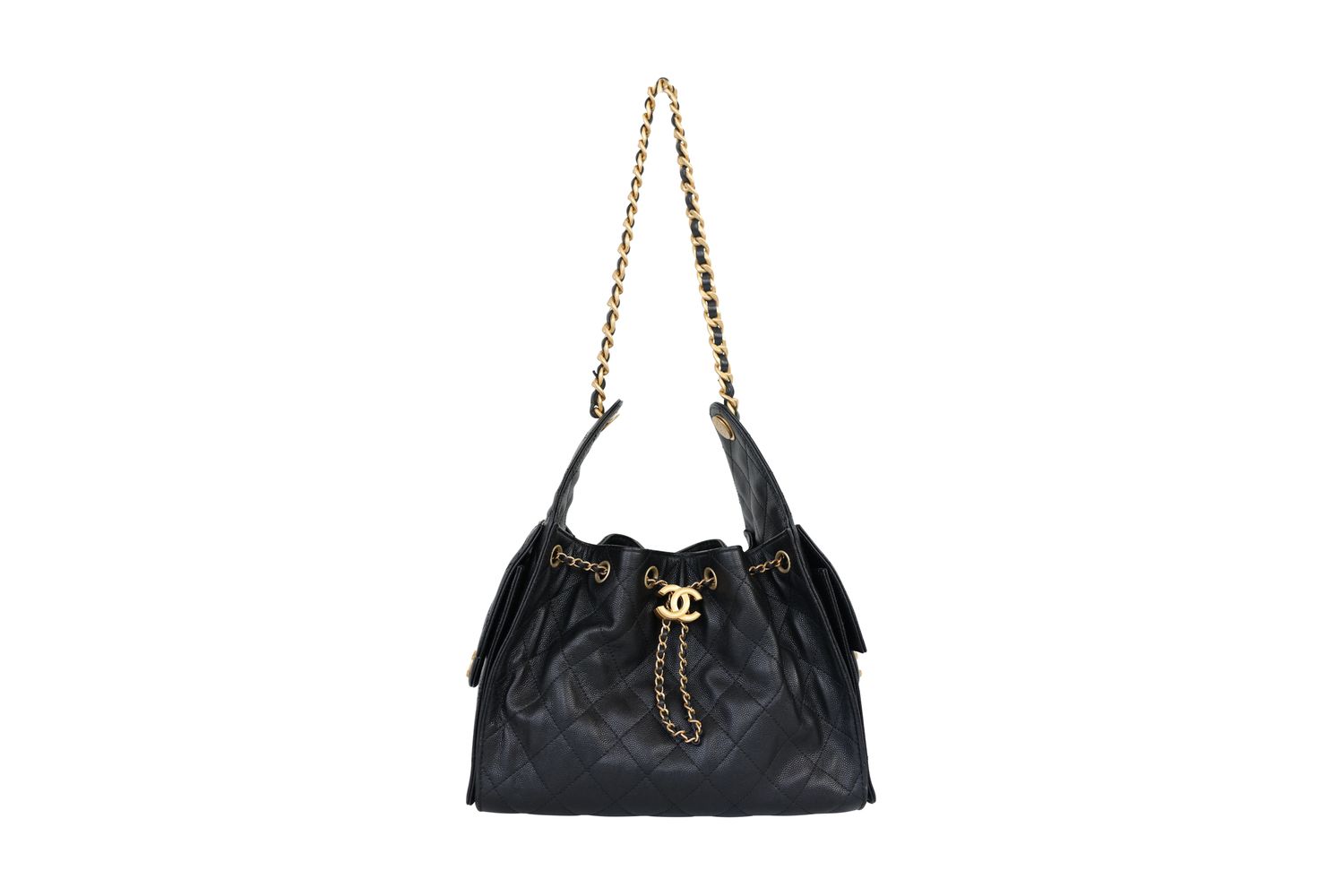 Chanel 25 Small Handbag, Black Caviar Leather and Gold Hardware, Preowned in Box WA001