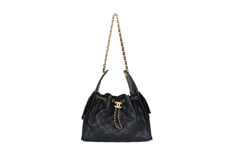 Chanel 25 Small Handbag, Black Caviar Leather and Gold Hardware, Preowned in Box WA001
