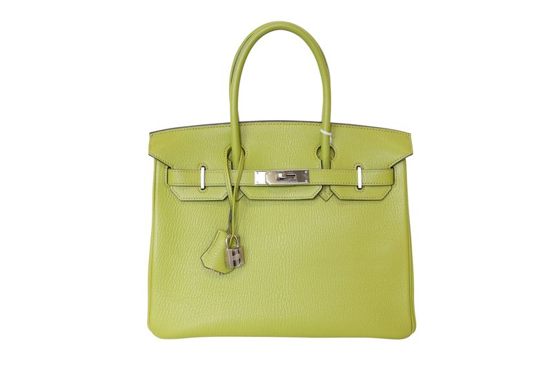 Hermes Birkin 30 Handbag, Green Vert Chartreuse Chèvre Mysore Leather and Palladium Hardware, I in Square 2005 Stamp, Preowned in Dustbag WA001