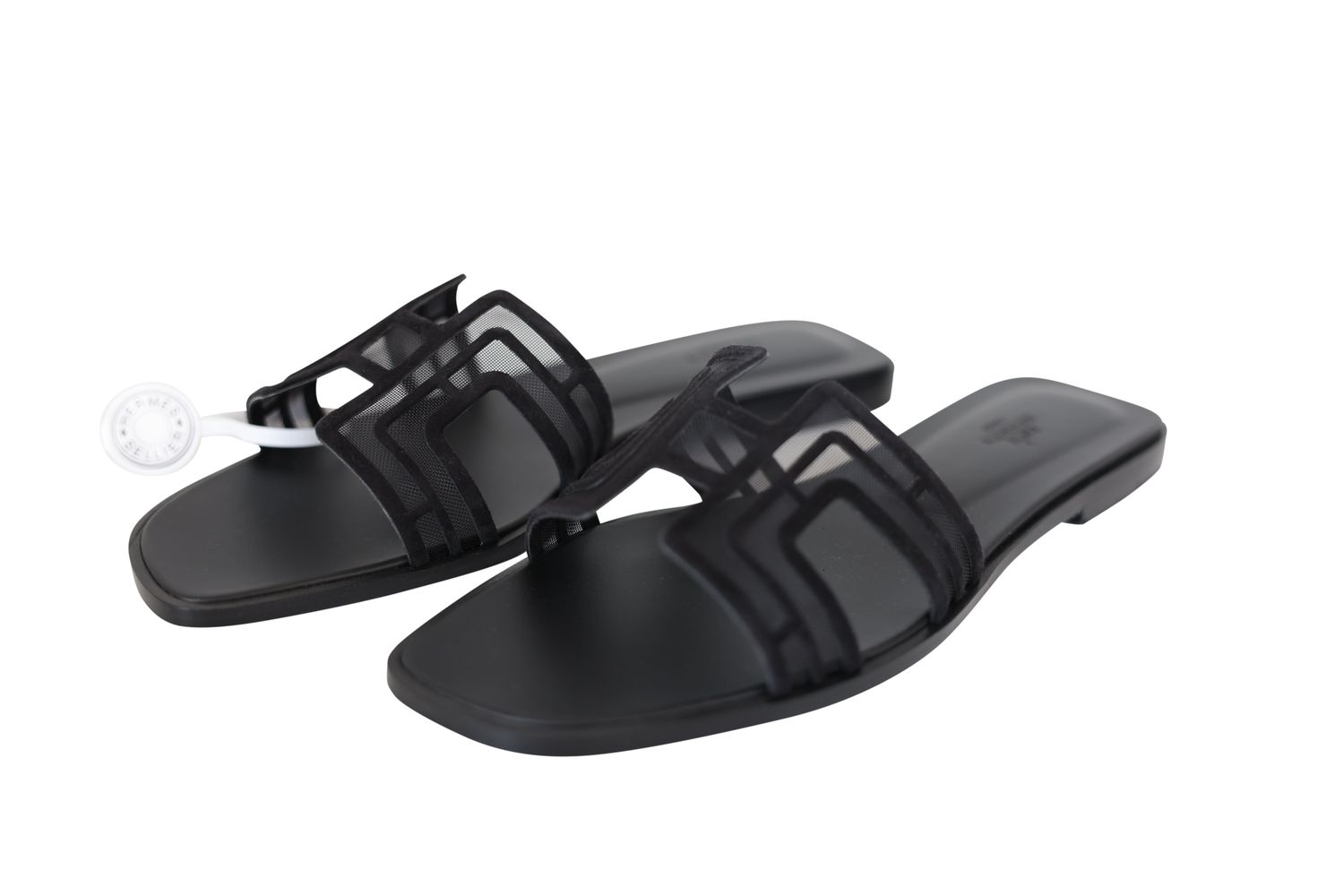 Hermes Oran Flat Sandals, Black Suede Goatskin and Mesh, Size 41.5, New in Box WA001