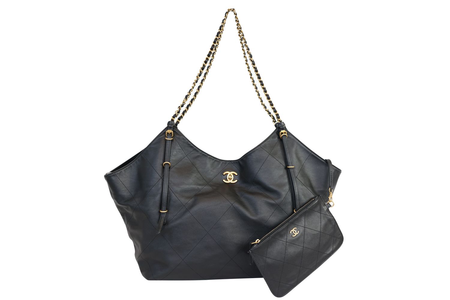 Chanel Shopping Tote Bag, Black Leather and Gold Hardware, Preowned in Dustbag WA001